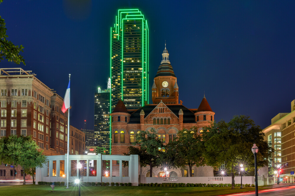 Front of Dallas County Courthouse and Nearby Buildings at Night